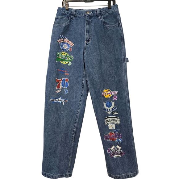 VINTAGE XCLUSIVE NBA Jeans Size 34 x34 womens Mens Los Angeles Sacramento Boston - Picture 1 of 14